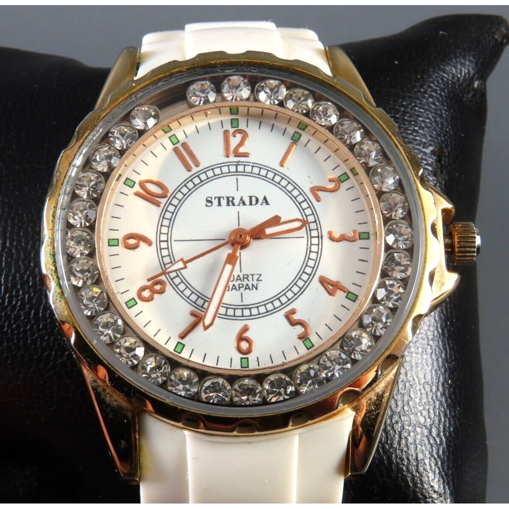 STRADA WRIST WATCH Off-White Silicone Sport Band LARGE GOLD CRYSTAL BEZEL DIAL
